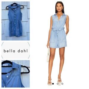 Bella Dahl‎ Sleeveless Chambray Utility Romper Tencel Blue Button Down Size XS